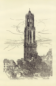 37110 Gezicht op de Domtoren te Utrecht vanaf de Oudegracht met de Gaardbrug, uit het zuidwesten.01-01-1922-31-12-1927